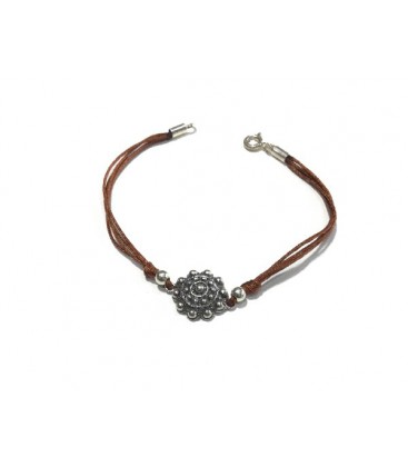 PULSERA CHARRA PLATA CON HILO MARRON, TAMAÑO BOTON 15MM, LARGO 18CM - S1132M