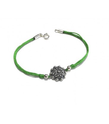 PULSERA CHARRA PLATA HILO VERDE, TAMAÑO BOTON 15MM, LARGO 18CM - S1132V