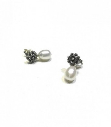 PENDIENTES PLATA  CHARROS PERLA LARGO 10MM, BOTON 5MM, CIERRE PRESION - 0/P